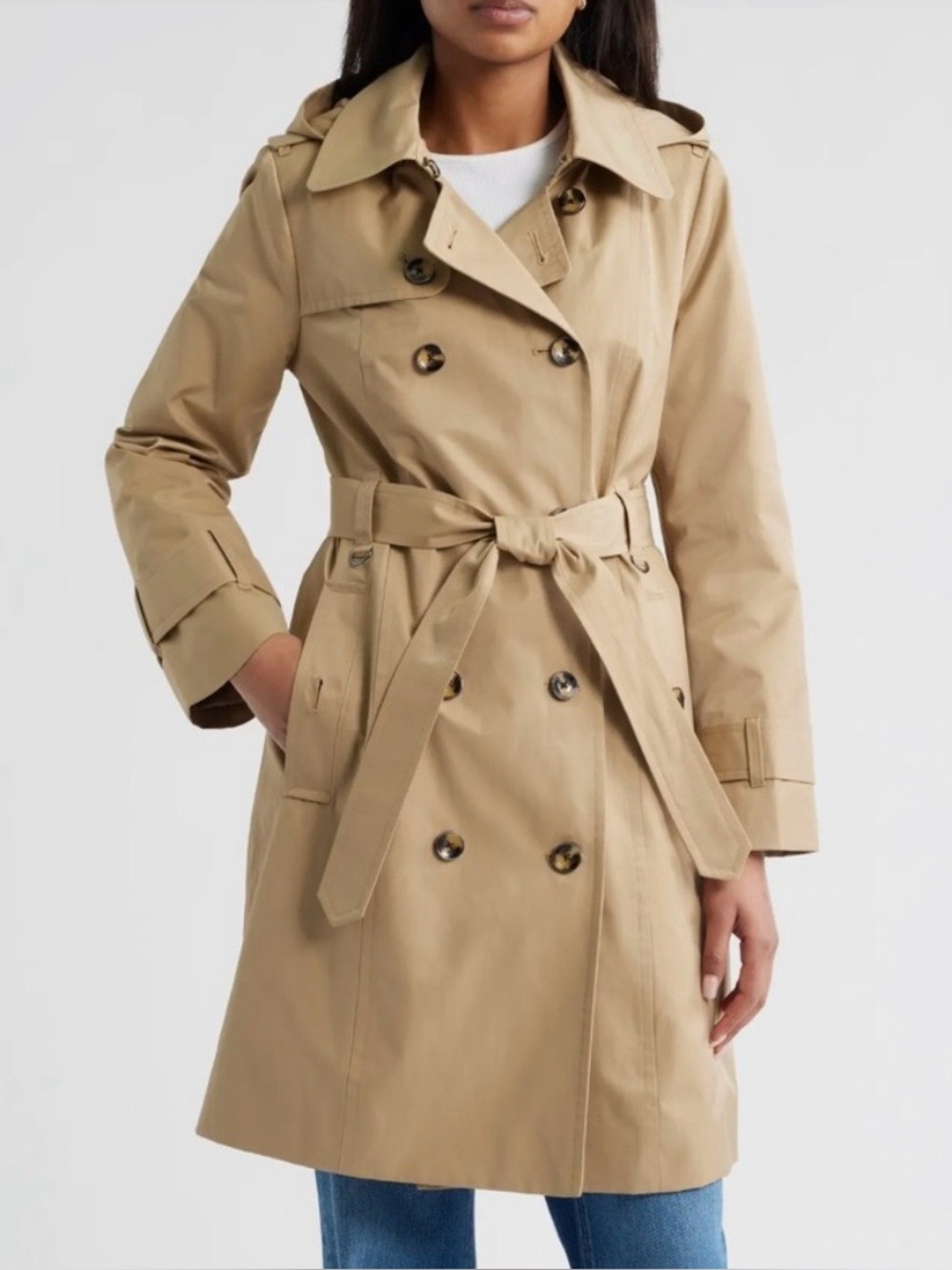 NWOT London Fog Beige Double-Breasted Trench Coat with Waist Tie